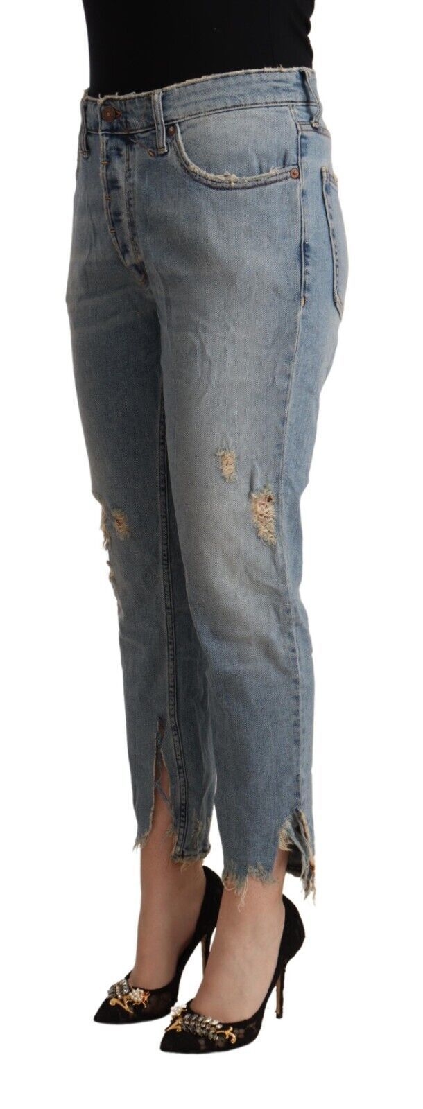 Light Blue Distressed Mid Waist Cropped Denim Jeans