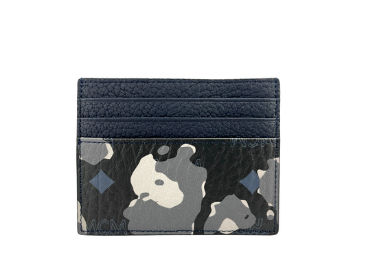 Portuna Mini Black Floral Camo Visetos Leather Money Clip Card Case Wallet Black