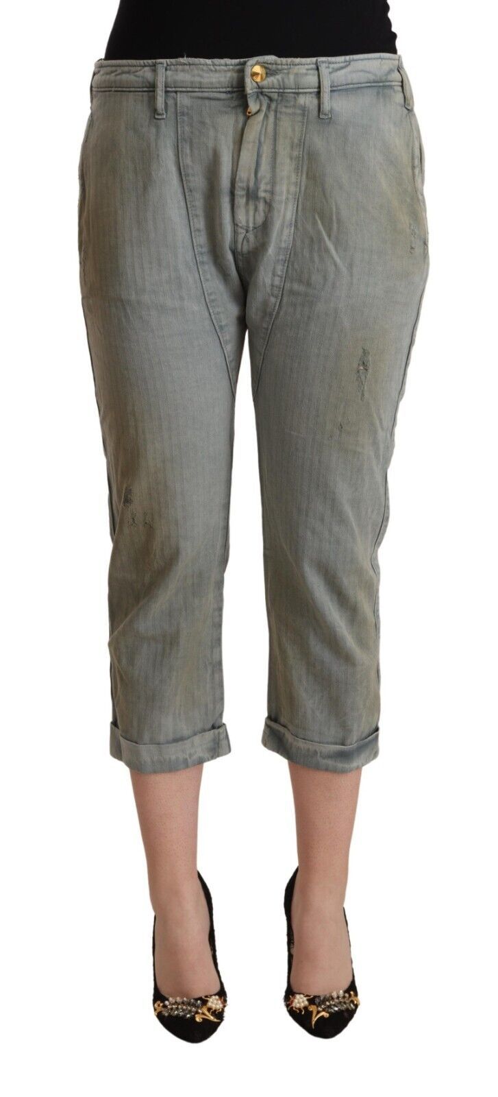 Gray 100% Cotton Mid Waist Skinny Cropped Pants