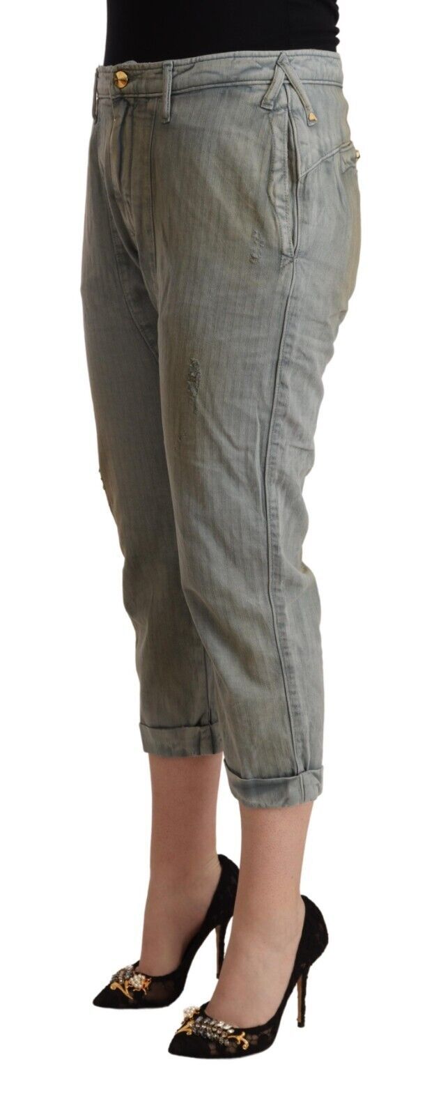 Gray 100% Cotton Mid Waist Skinny Cropped Pants