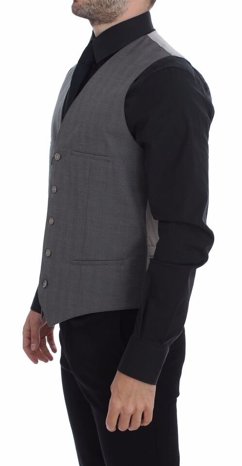 Gray Cotton Slim Fit Button Front Dress Vest