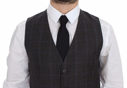 Brown Check Wool Single Breasted Vest